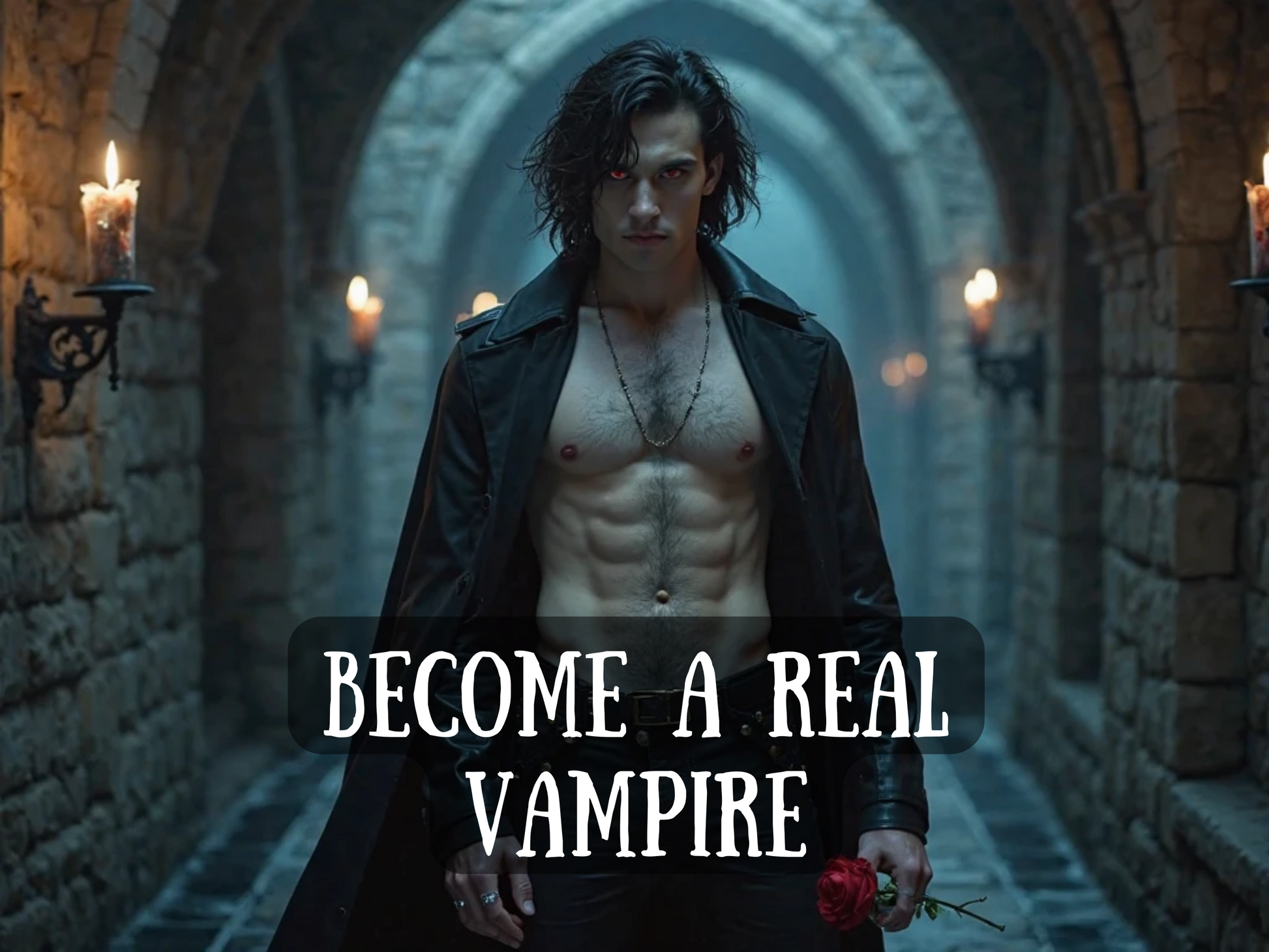 Become a Real Vampire spell image featuring a dark, gothic vampire with glowing red eyes, pale skin, and a muscular torso, standing in a stone castle corridor lit by flickering torches. He wears a long black coat and holds a single red rose, symbolizing immortality, power, and forbidden desire. This powerful vampire transformation ritual promises eternal life, supernatural strength, enhanced senses, psychic awakening, and entry into the immortal night world of true vampiric ascension.