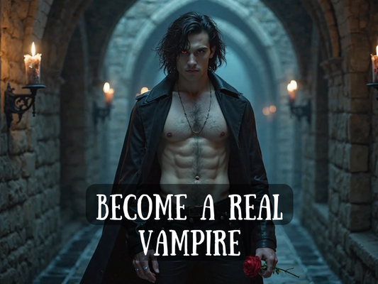 Become a Real Vampire spell image featuring a dark, gothic vampire with glowing red eyes, pale skin, and a muscular torso, standing in a stone castle corridor lit by flickering torches. He wears a long black coat and holds a single red rose, symbolizing immortality, power, and forbidden desire. This powerful vampire transformation ritual promises eternal life, supernatural strength, enhanced senses, psychic awakening, and entry into the immortal night world of true vampiric ascension.