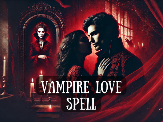 Vampire Love Spell image with gothic vampire couple in red, surrounded by candles, shadows, and a vampire queen in the mirror. Dark romantic magic designed to ignite passion, obsession, and deep attraction. Ritual of blood moon love, vampire allure, and eternal desire, crafted for powerful connection, lust, and irresistible bond. Symbolic imagery of gothic romance, candlelight, and supernatural enchantment amplifies love spell energy.