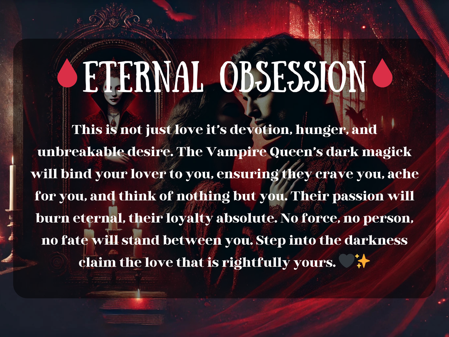 Eternal Obsession Vampire Love Spell image featuring gothic vampire couple in red, lit by candlelight with a vampire queen in the mirror. Dark romance and obsession magick designed to bind a lover with unbreakable desire, craving, and devotion. Powerful ritual of eternal passion, loyalty, and lust that ensures your partner thinks of only you. Gothic atmosphere, blood-red tones, and supernatural energy amplify this obsessive and eternal love spell enchantment.