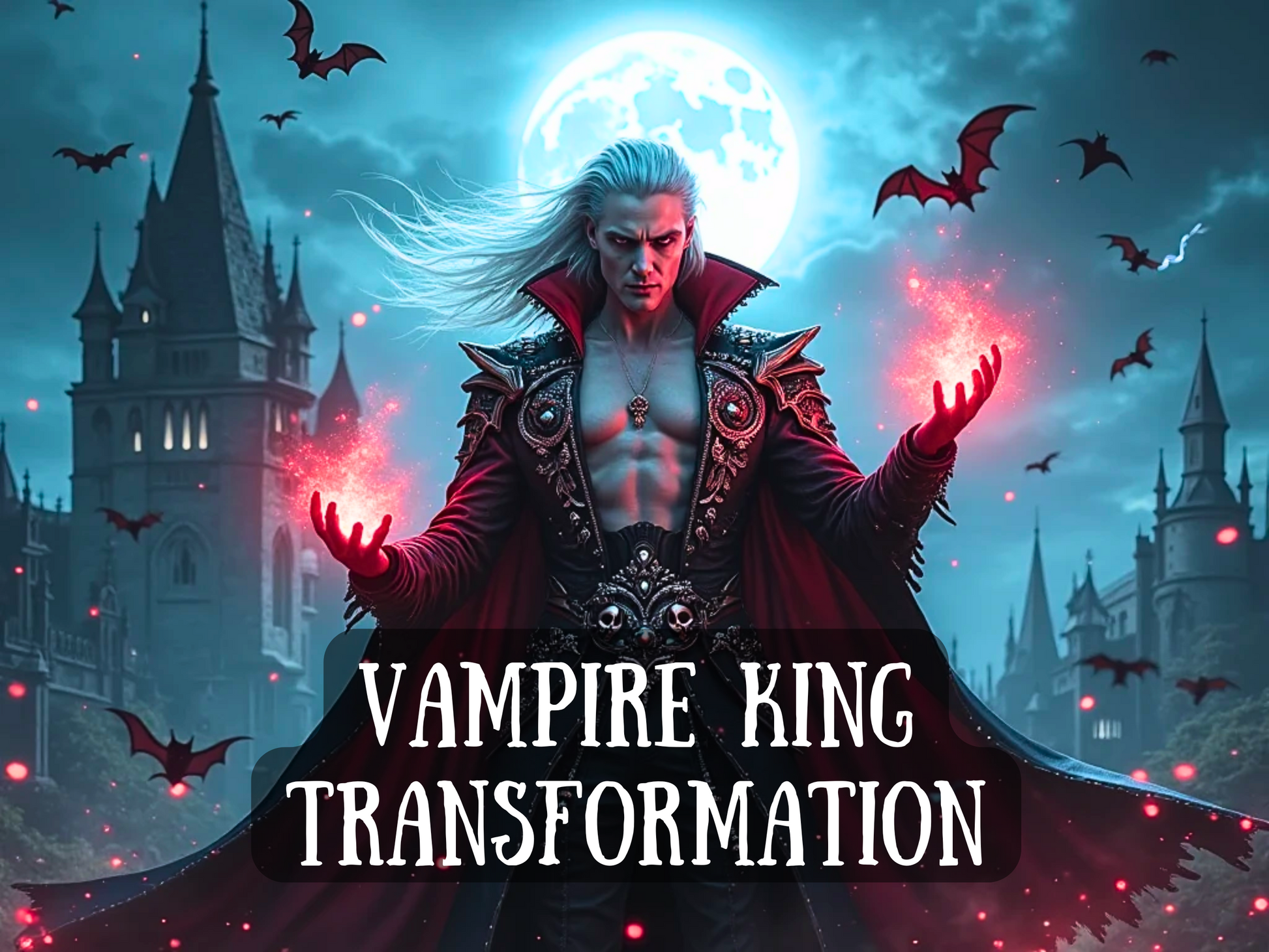 Dark vampire king with glowing red magic stands before a gothic castle under a full moon, surrounded by flying bats. His silver hair and ornate black-and-red armor radiate power and dominance. This transformation spell invokes immortality, heightened senses, supernatural charisma, and royal vampiric authority. Awaken your inner king, command shadows, and embrace eternal night with this elite vampire ascension ritual.