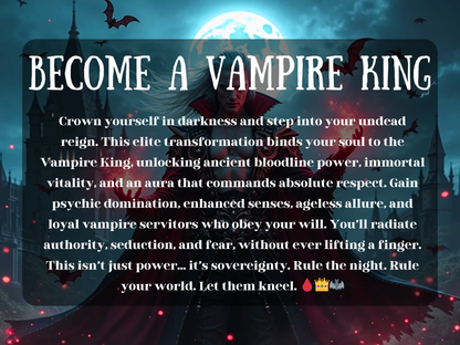 Powerful vampire king stands before a gothic castle under a glowing full moon, red energy swirling in his hands as bats fly across the night sky. This dark transformation spell invokes ancient bloodline power, psychic domination, immortal vitality, and commanding presence. Unlock heightened senses, ageless allure, and loyal vampire servitors who obey your will. Rule the night with fear, seduction, and sovereign vampiric authority.