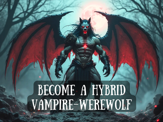 Dark hybrid vampire-werewolf with glowing red eyes, muscular body, and massive demon-like wings under a blood moon. This spell embodies primal transformation, merging vampiric power and werewolf ferocity. Harness supernatural strength, predatory instinct, speed, and dark dominance. A forbidden ritual of hybrid ascension, awakening a creature of night that is unstoppable, feared, and eternally powerful.