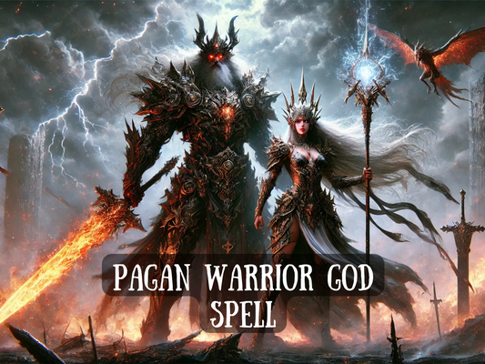 Epic fantasy artwork of the Pagan Warrior God Spell, showing a powerful pagan god and goddess in full battle armor, wielding a flaming sword and magical staff under storm-filled skies. Surrounded by fire, lightning, and dragons, this spell channels warrior energy, divine protection, strength, and unstoppable dominance. A ritual of ancient power to awaken inner courage, victory, and godlike might. Perfect for those seeking resilience, fearlessness, and supreme spiritual empowerment.