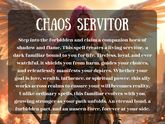 “Chaos Servitor” artwork a powerful pink-haired warrior angel in golden armor with radiant white wings, standing in a fiery battlefield. The image text describes a dark familiar created through shadow and flame, a loyal companion bound for life to shield, guide, and manifest desires. This ally ensures success in love, wealth, influence, and power, evolving stronger with you. Perfect for Etsy listings about spiritual empowerment, protection, loyalty, and unstoppable personal transformation.