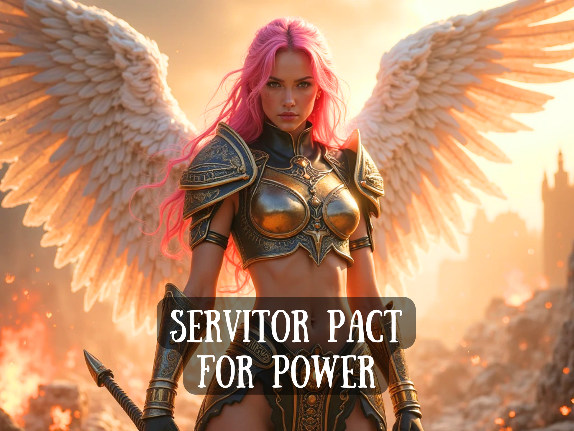 Powerful fierce warrior angel with glowing white wings, long pink hair, and golden armor, holding a sword against a fiery battlefield backdrop. The text reads “Servitor Pact for Power,” symbolizing strength, dominance, and supernatural empowerment. This striking image captures the essence of commanding spiritual allies for victory, influence, and personal transformation. Perfect for Etsy listings focused on gaining strength, authority, unstoppable confidence, and unlocking hidden potential.