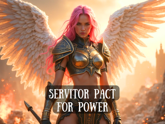 Powerful fierce warrior angel with glowing white wings, long pink hair, and golden armor, holding a sword against a fiery battlefield backdrop. The text reads “Servitor Pact for Power,” symbolizing strength, dominance, and supernatural empowerment. This striking image captures the essence of commanding spiritual allies for victory, influence, and personal transformation. Perfect for Etsy listings focused on gaining strength, authority, unstoppable confidence, and unlocking hidden potential.