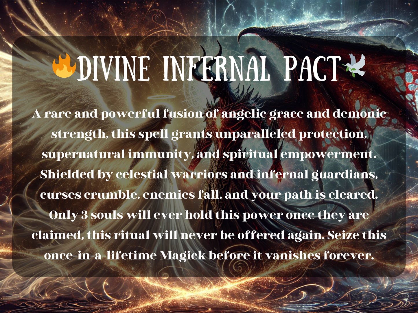 Mystical artwork of the Divine Infernal Pact Spell, merging angelic grace and demonic strength. A radiant angel with glowing white wings stands against a dark demon with fiery red wings, symbolizing ultimate balance of light and shadow. This pact grants supernatural protection, spiritual empowerment, curse removal, and immunity against enemies. A once-in-a-lifetime Magick ritual of divine warriors and infernal guardians, unlocking power, strength, and destiny.