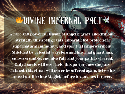 Mystical artwork of the Divine Infernal Pact Spell, merging angelic grace and demonic strength. A radiant angel with glowing white wings stands against a dark demon with fiery red wings, symbolizing ultimate balance of light and shadow. This pact grants supernatural protection, spiritual empowerment, curse removal, and immunity against enemies. A once-in-a-lifetime Magick ritual of divine warriors and infernal guardians, unlocking power, strength, and destiny.