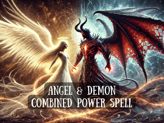 Epic artwork of the Angel & Demon Combined Power Spell, showing a radiant angel with glowing white wings and halo facing a dark horned demon with fiery red wings. Light and shadow swirl together, symbolizing ultimate balance, transformation, and supernatural power. This spell merges divine and infernal forces, unlocking strength, dominance, protection, and spiritual ascension. Harness angelic purity and demonic fire for unstoppable energy and reality-shaping influence.