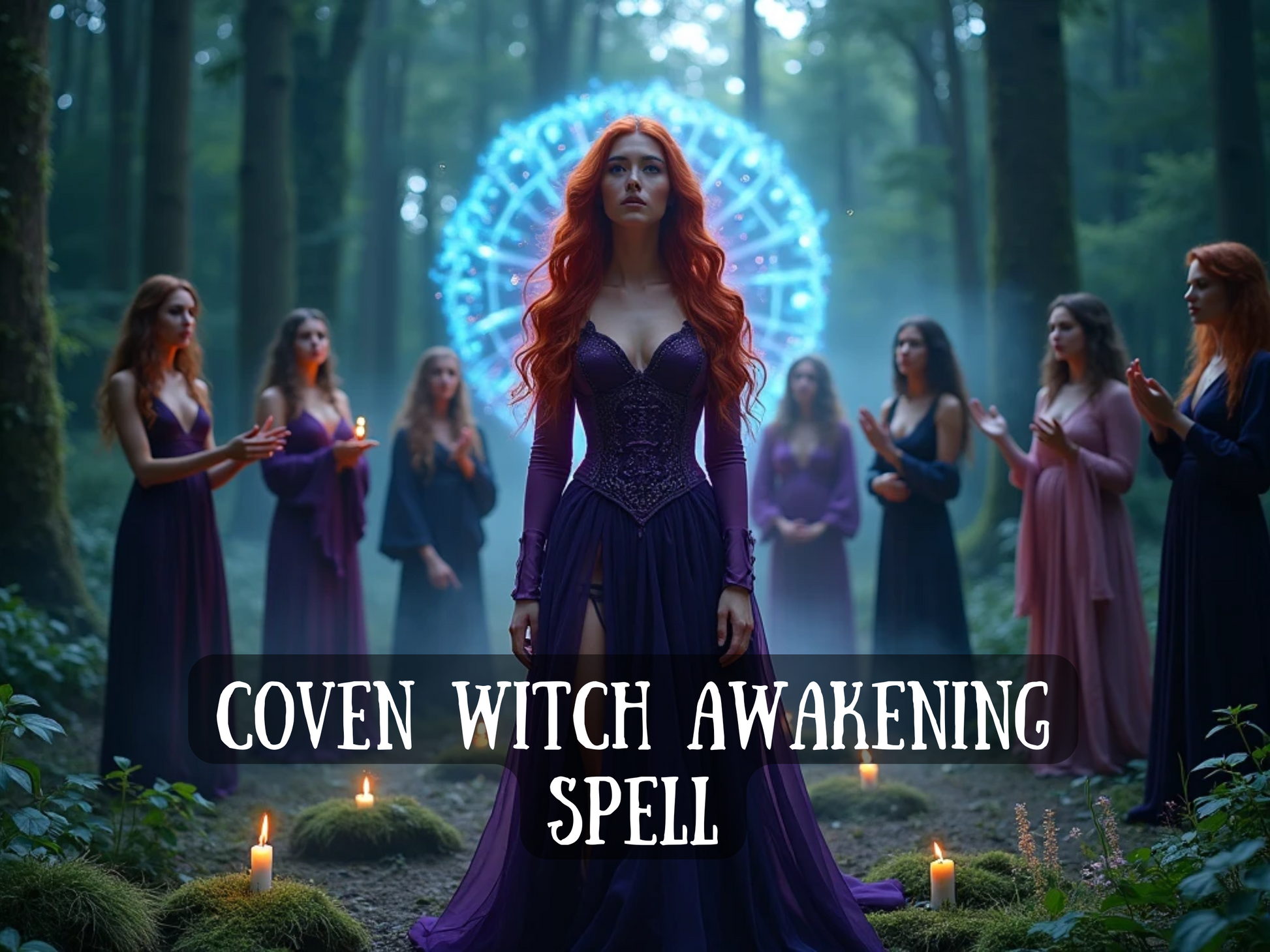 Coven Witch Awakening Spell image featuring a powerful red-haired witch in a flowing purple gown standing in the center of a sacred forest ritual. Around her, a coven of witches in long dresses hold candles, forming a circle of energy beneath glowing runes of blue light. This mystical awakening spell channels ancient witchcraft, feminine power, coven magick, and spiritual initiation, calling forth transformation, divine energy, protection, and the rise of inner witch power.