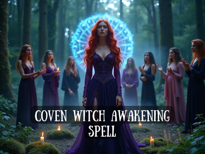Coven Witch Awakening Spell image featuring a powerful red-haired witch in a flowing purple gown standing in the center of a sacred forest ritual. Around her, a coven of witches in long dresses hold candles, forming a circle of energy beneath glowing runes of blue light. This mystical awakening spell channels ancient witchcraft, feminine power, coven magick, and spiritual initiation, calling forth transformation, divine energy, protection, and the rise of inner witch power.