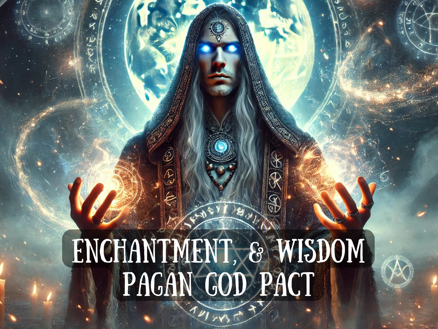 Mystical Pagan God Pact spell image featuring a powerful hooded figure with glowing blue eyes, long silver hair, and sacred runes swirling in the air. Surrounded by candles, pentagrams, and cosmic light, this ritual channels wisdom, divine knowledge, enchantment, and spiritual awakening. Designed to grant clarity, hidden truths, psychic vision, and higher guidance from ancient deities, aligning you with universal wisdom and magical power.

