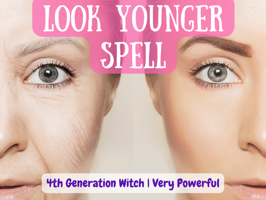 Look Younger Spell image featuring a split face transformation, showing one side aged with wrinkles and fine lines and the other side youthful, radiant, and smooth. This powerful witch spell by a 4th generation witch is crafted to reverse visible signs of aging, restore vitality, and enhance natural beauty. Designed to bring lasting youth, glow, and rejuvenation, this spell helps you defy time, boost confidence, and maintain a radiant, younger appearance with magical energy.