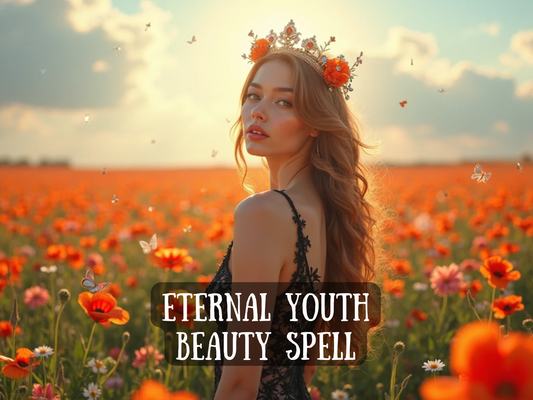 Enchanting artwork of a young woman in a black lace dress standing in a glowing field of orange and red flowers at sunset, wearing a jeweled crown with blossoms in her hair. Butterflies float gently around her, symbolizing transformation and timeless beauty. The image text reads “Eternal Youth Beauty Spell,” representing rituals for ageless allure, radiance, and feminine power. This design captures enchantment, self-love, and spiritual energy to restore youth, glow, and magnetic beauty.
